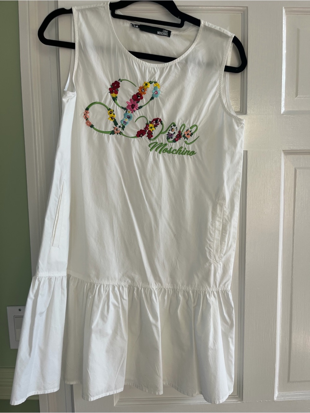 Moschino womens White Sleeveless Dress with Colorful Floral Logo